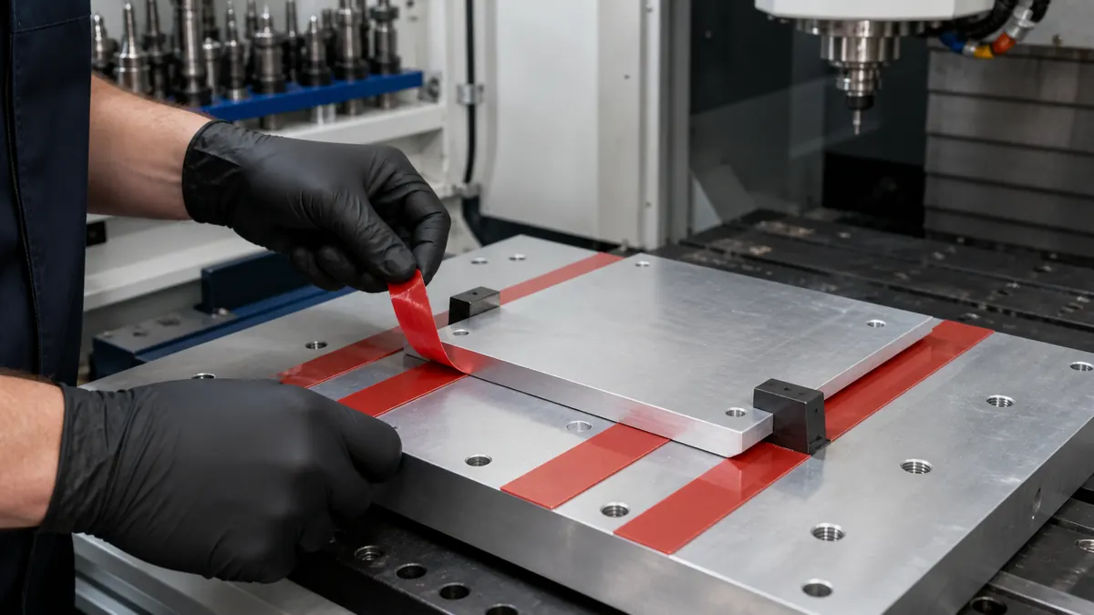 CNC machinist peeling a red liner from industrial double-sided tape beneath an aluminum workpiece on a fixture plate